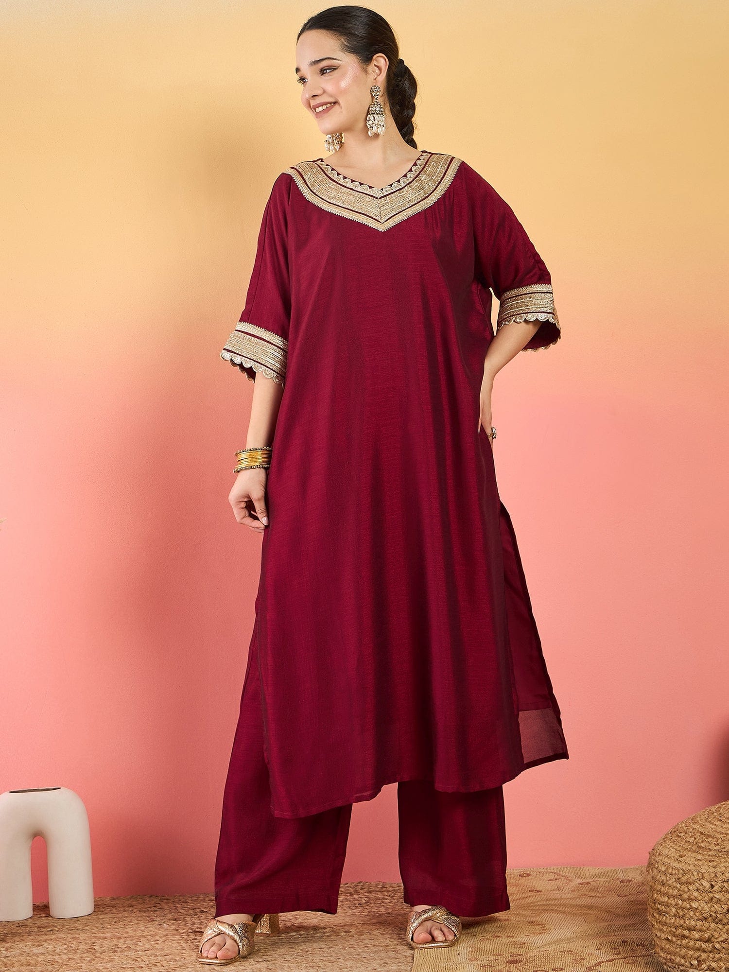 Varanga Zari Embroidered Lace Neck Flared Kaftan With Trouser