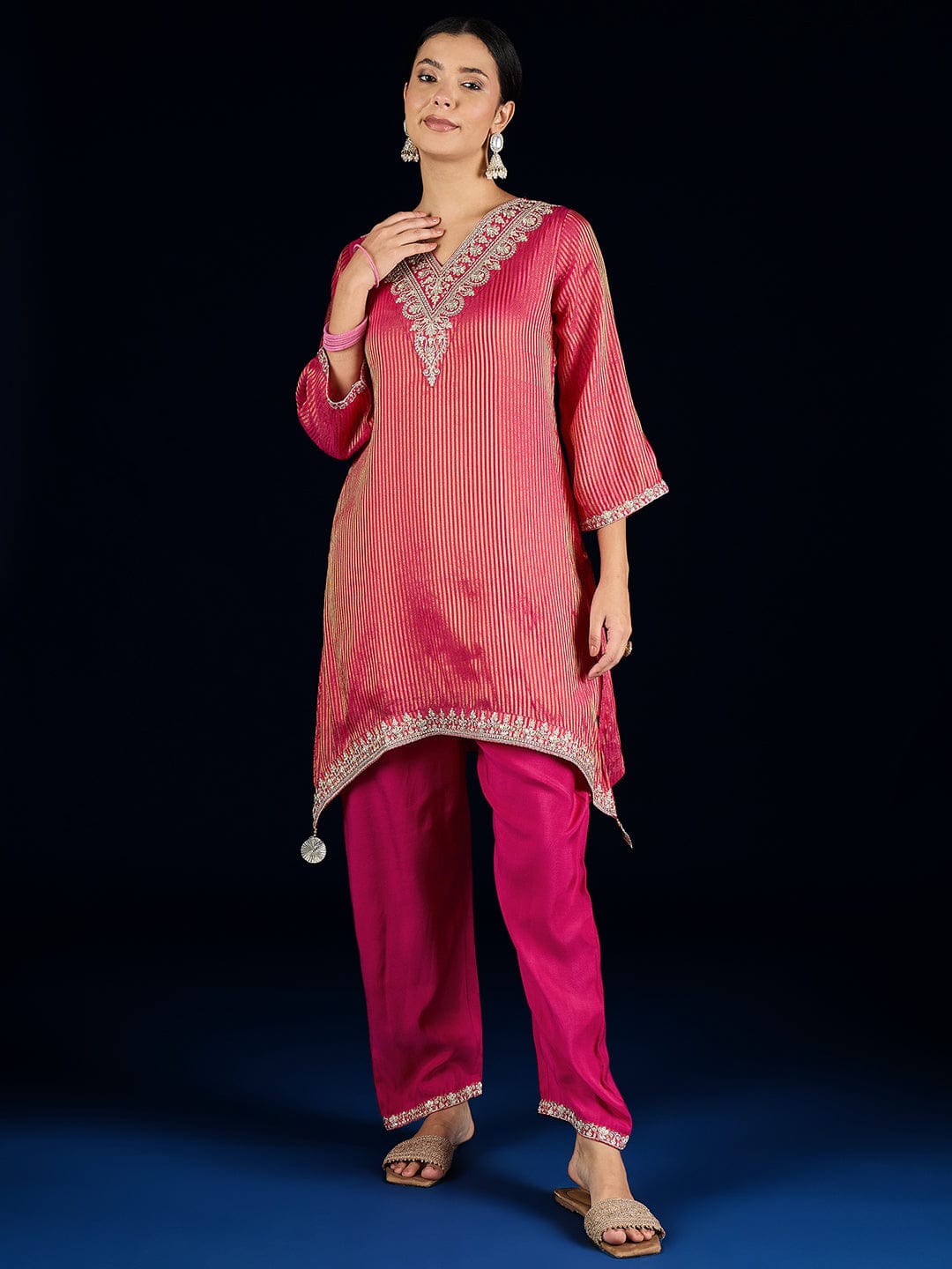 Varanga C-Cut Kurta With Zari Embroidery, Paired With Ankle-Length Trousers .