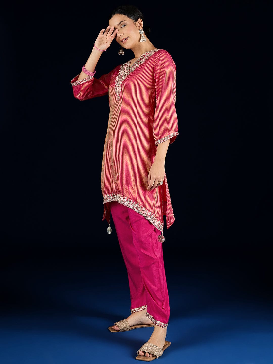 Varanga C-Cut Kurta With Zari Embroidery, Paired With Ankle-Length Trousers .