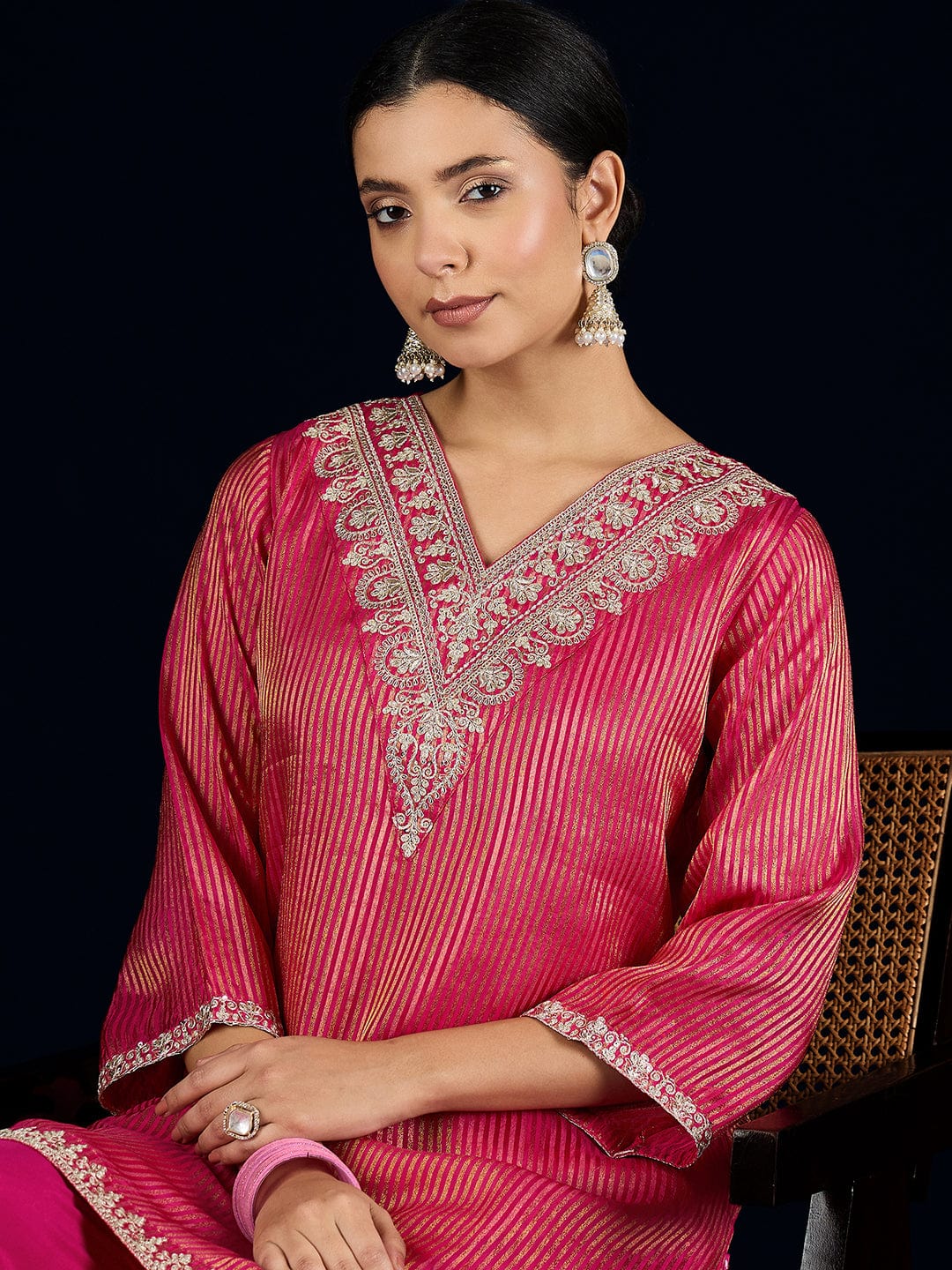 Varanga C-Cut Kurta With Zari Embroidery, Paired With Ankle-Length Trousers .