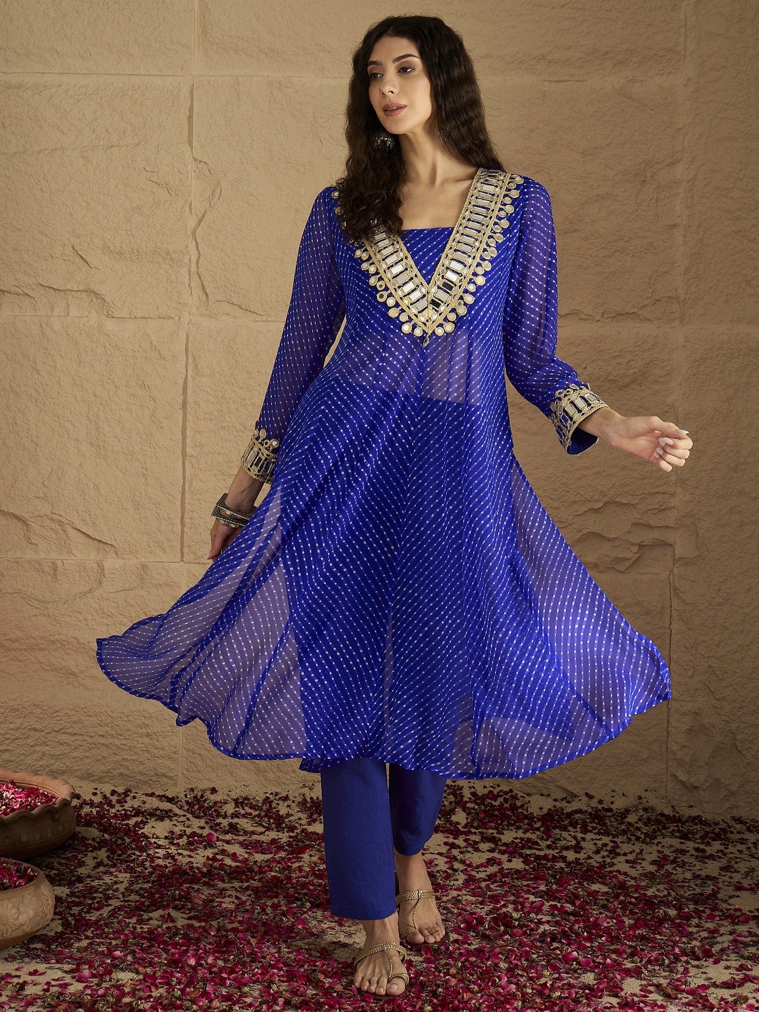 Varanga Women Graceful Beige Kurta Set Featuring Gota Patti Detailing, Paired With Solid Trousers