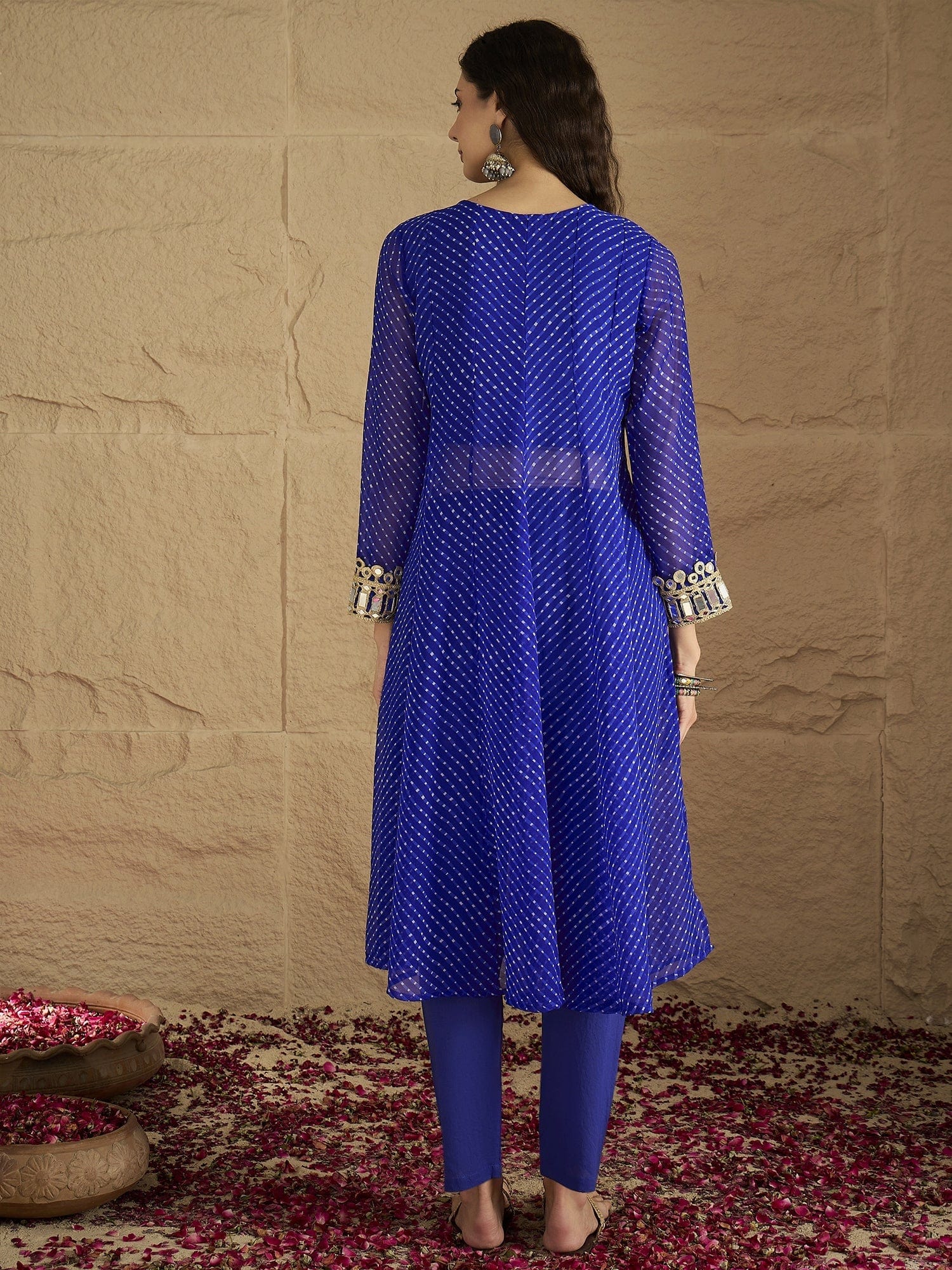 Varanga Women Graceful Beige Kurta Set Featuring Gota Patti Detailing, Paired With Solid Trousers
