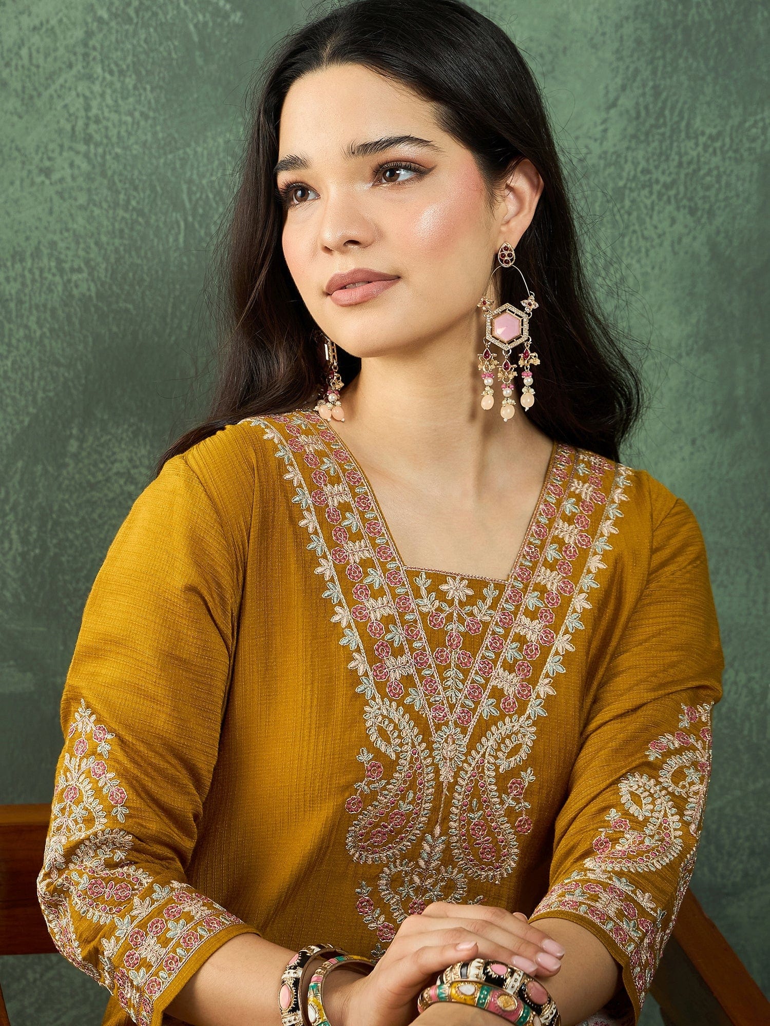Varanga Mustard Straight-Fit Kurta With Embroidered Yoke, Paired With Solid Ankle-Length Trousers .