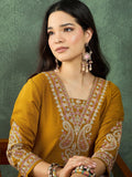 Varanga Mustard Straight-Fit Kurta With Embroidered Yoke, Paired With Solid Ankle-Length Trousers .