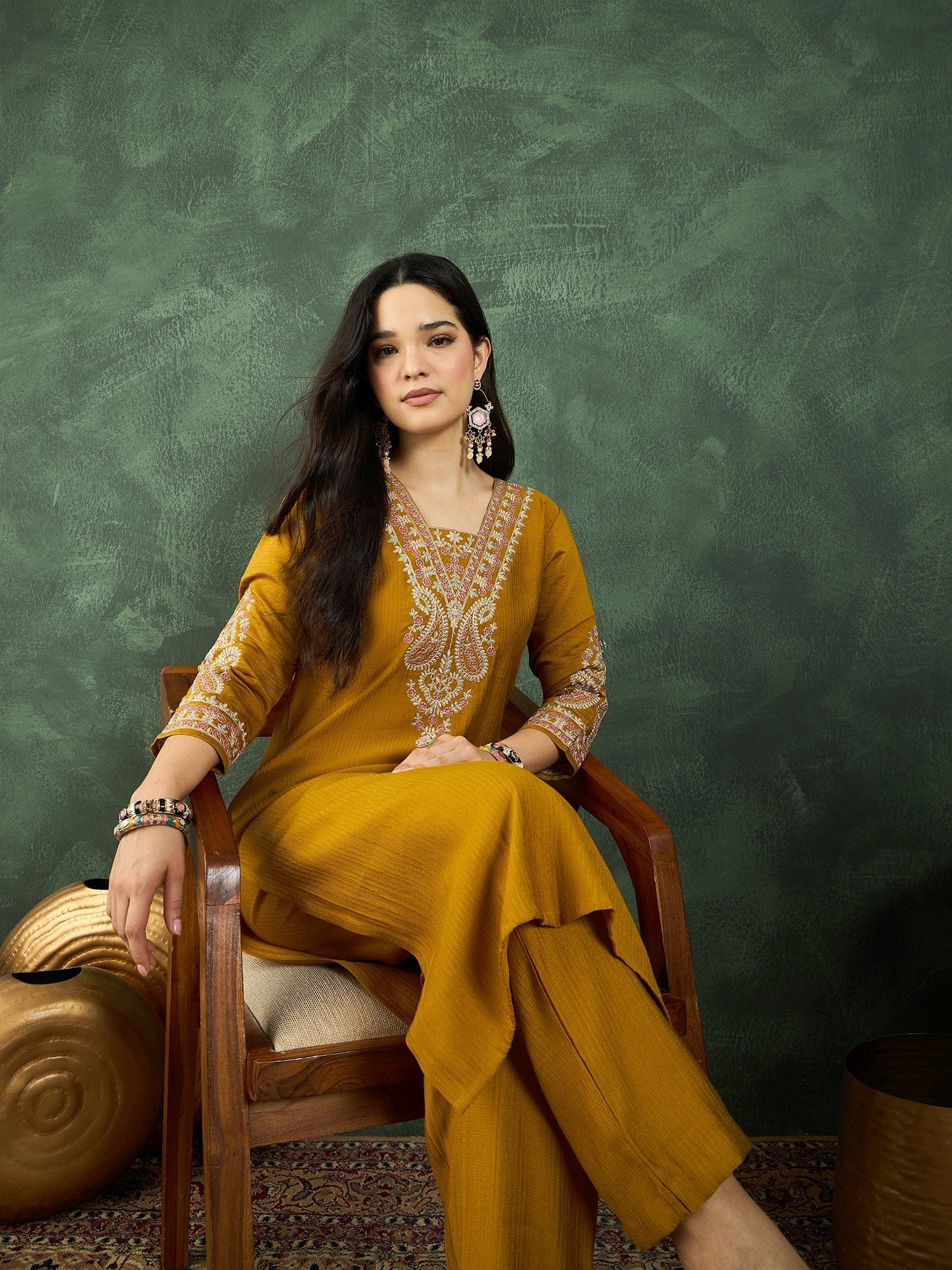 Varanga Mustard Straight-Fit Kurta With Embroidered Yoke, Paired With Solid Ankle-Length Trousers .