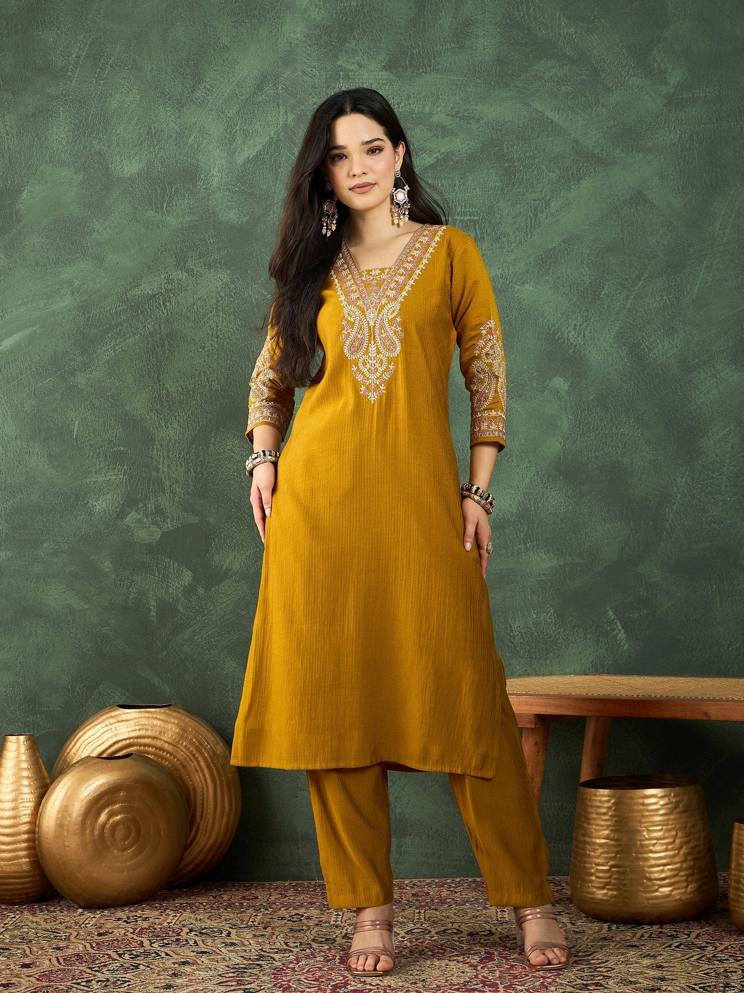 Varanga Mustard Straight-Fit Kurta With Embroidered Yoke, Paired With Solid Ankle-Length Trousers .