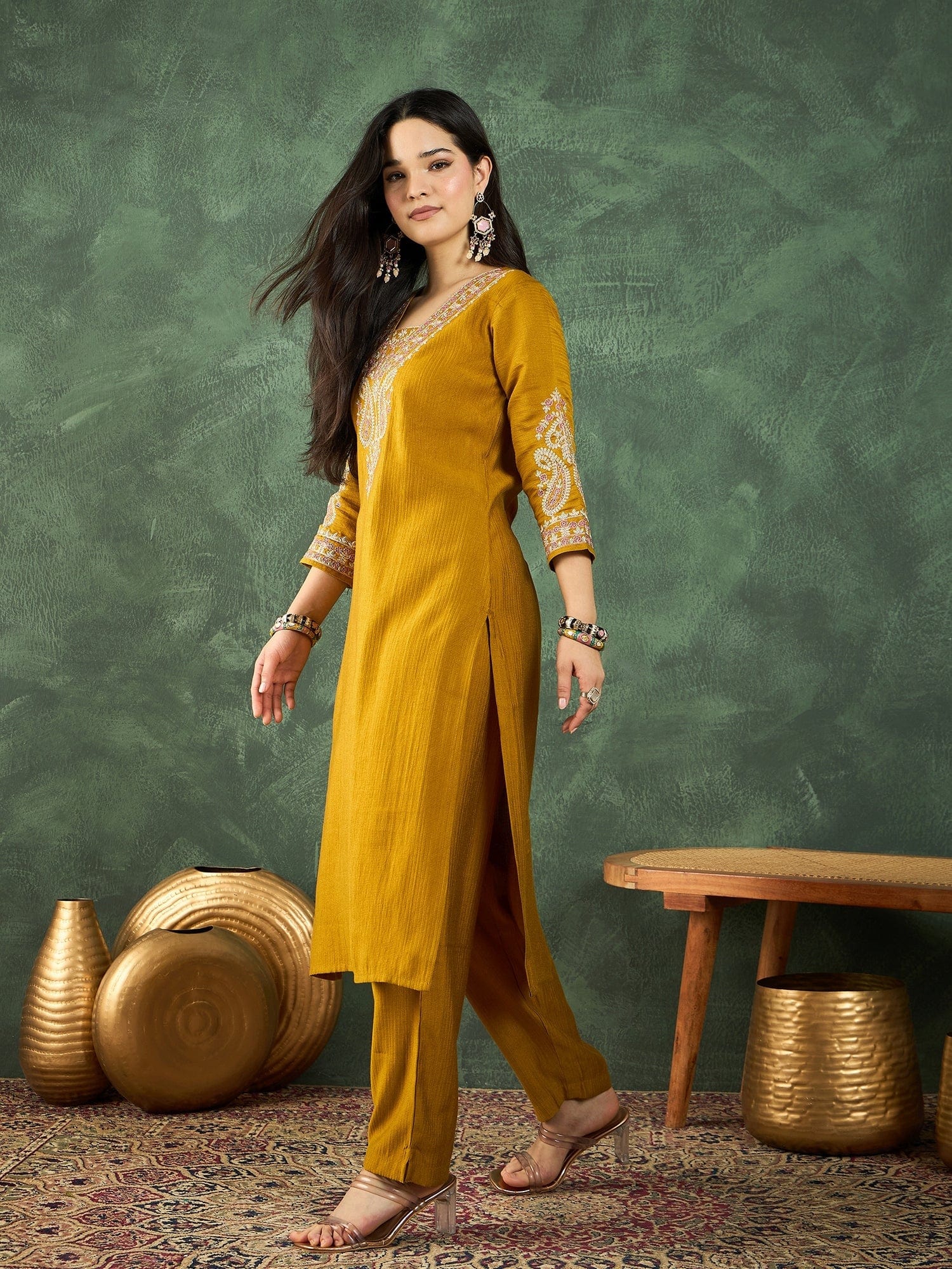 Varanga Mustard Straight-Fit Kurta With Embroidered Yoke, Paired With Solid Ankle-Length Trousers .