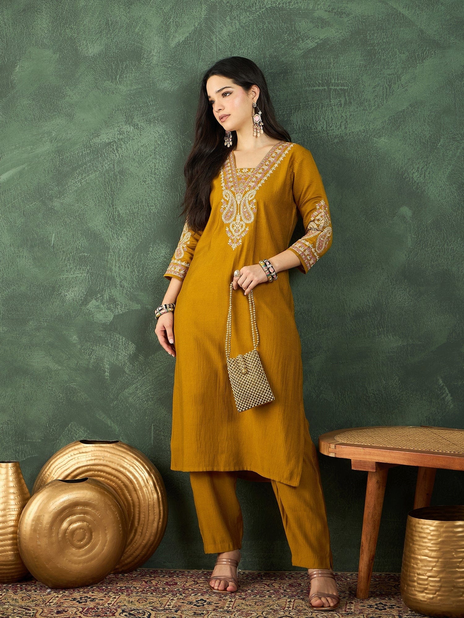 Varanga Mustard Straight-Fit Kurta With Embroidered Yoke, Paired With Solid Ankle-Length Trousers .