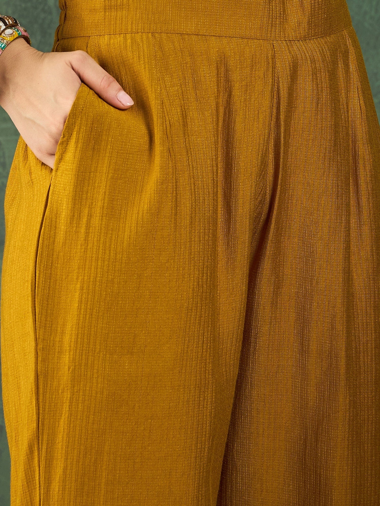 Varanga Mustard Straight-Fit Kurta With Embroidered Yoke, Paired With Solid Ankle-Length Trousers .