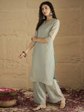 Varanga Women Elegant Sky Blue Shimmer Kurta Set With Zari Lace Detailing And Solid Ankle-Length Trousers (Perfect For Adding Effortless Charm To Festive Occasions)