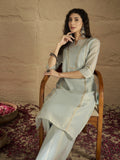 Varanga Women Elegant Sky Blue Shimmer Kurta Set With Zari Lace Detailing And Solid Ankle-Length Trousers (Perfect For Adding Effortless Charm To Festive Occasions)
