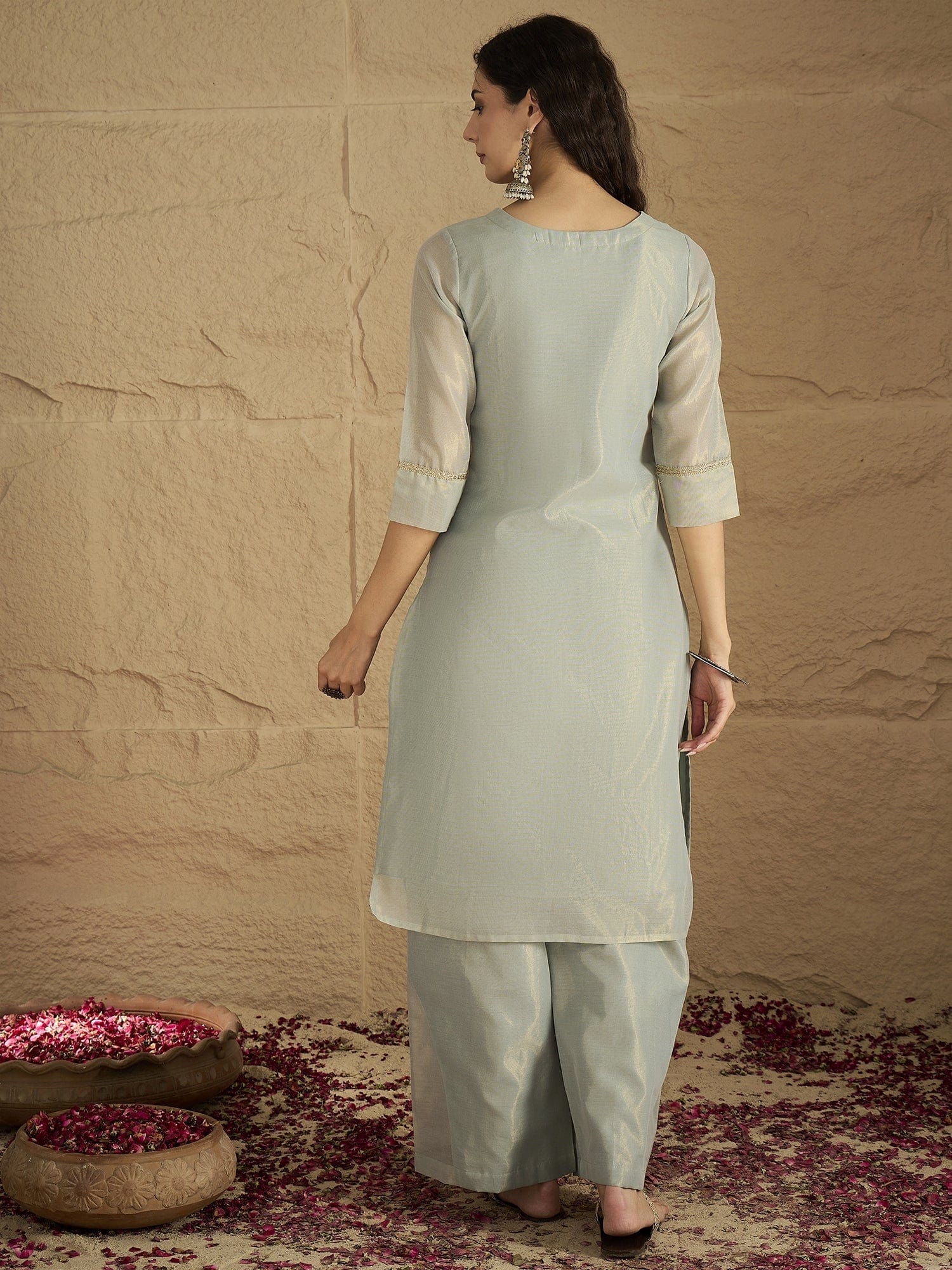 Varanga Women Elegant Sky Blue Shimmer Kurta Set With Zari Lace Detailing And Solid Ankle-Length Trousers (Perfect For Adding Effortless Charm To Festive Occasions)