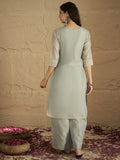 Varanga Women Elegant Sky Blue Shimmer Kurta Set With Zari Lace Detailing And Solid Ankle-Length Trousers (Perfect For Adding Effortless Charm To Festive Occasions)