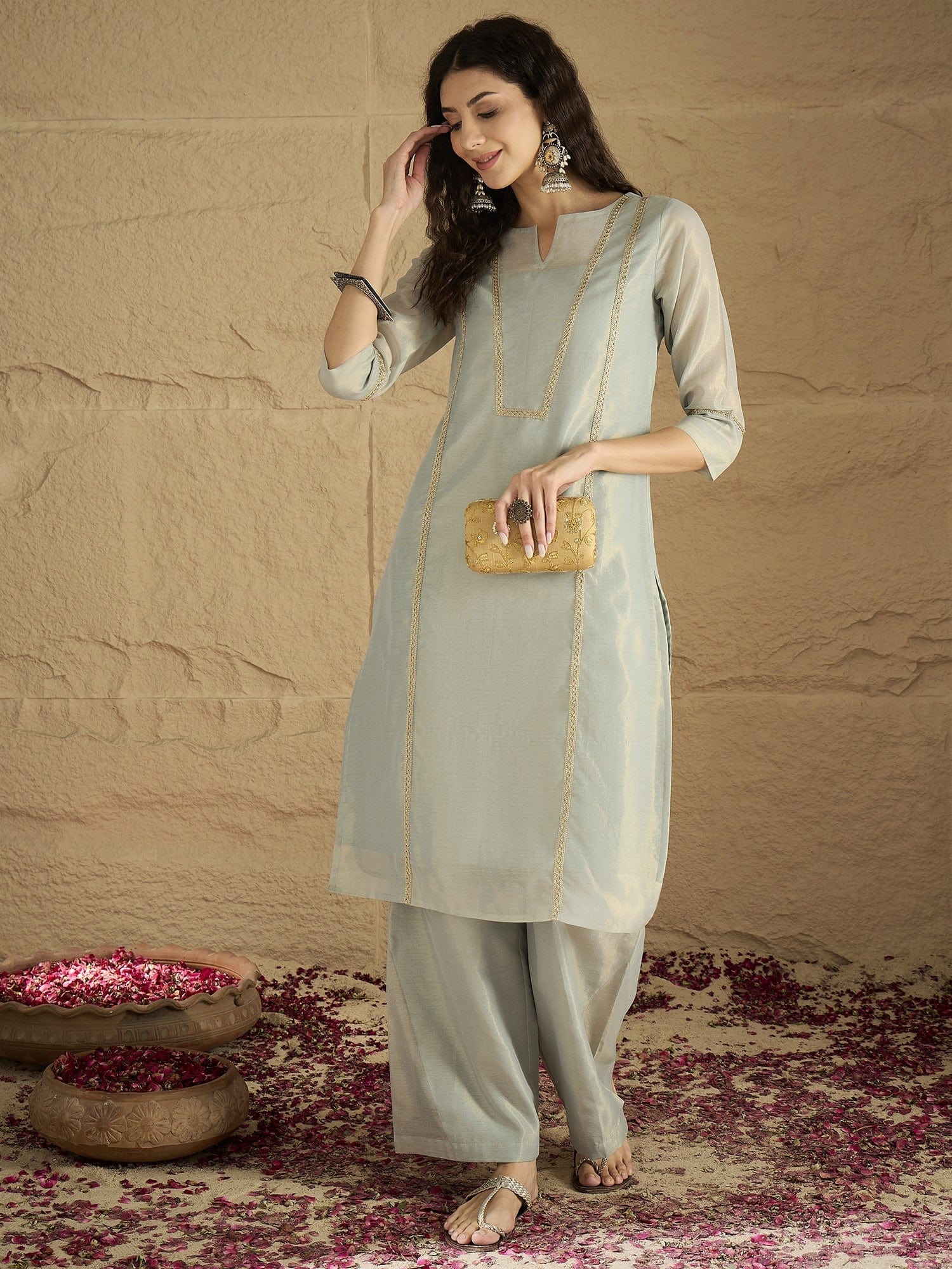 Varanga Women Elegant Sky Blue Shimmer Kurta Set With Zari Lace Detailing And Solid Ankle-Length Trousers (Perfect For Adding Effortless Charm To Festive Occasions)