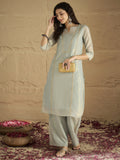 Varanga Women Elegant Sky Blue Shimmer Kurta Set With Zari Lace Detailing And Solid Ankle-Length Trousers (Perfect For Adding Effortless Charm To Festive Occasions)