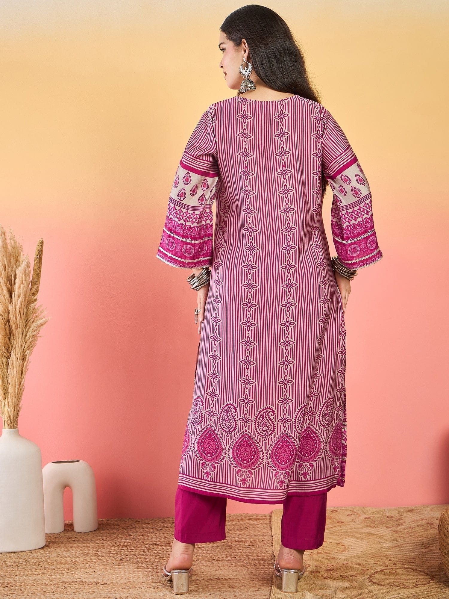 Varanga Fuchsia Striped-Printed Straight-Fit Kurta With A V-Neck And Three-Quarter Sleeves, Paired With Trousers .