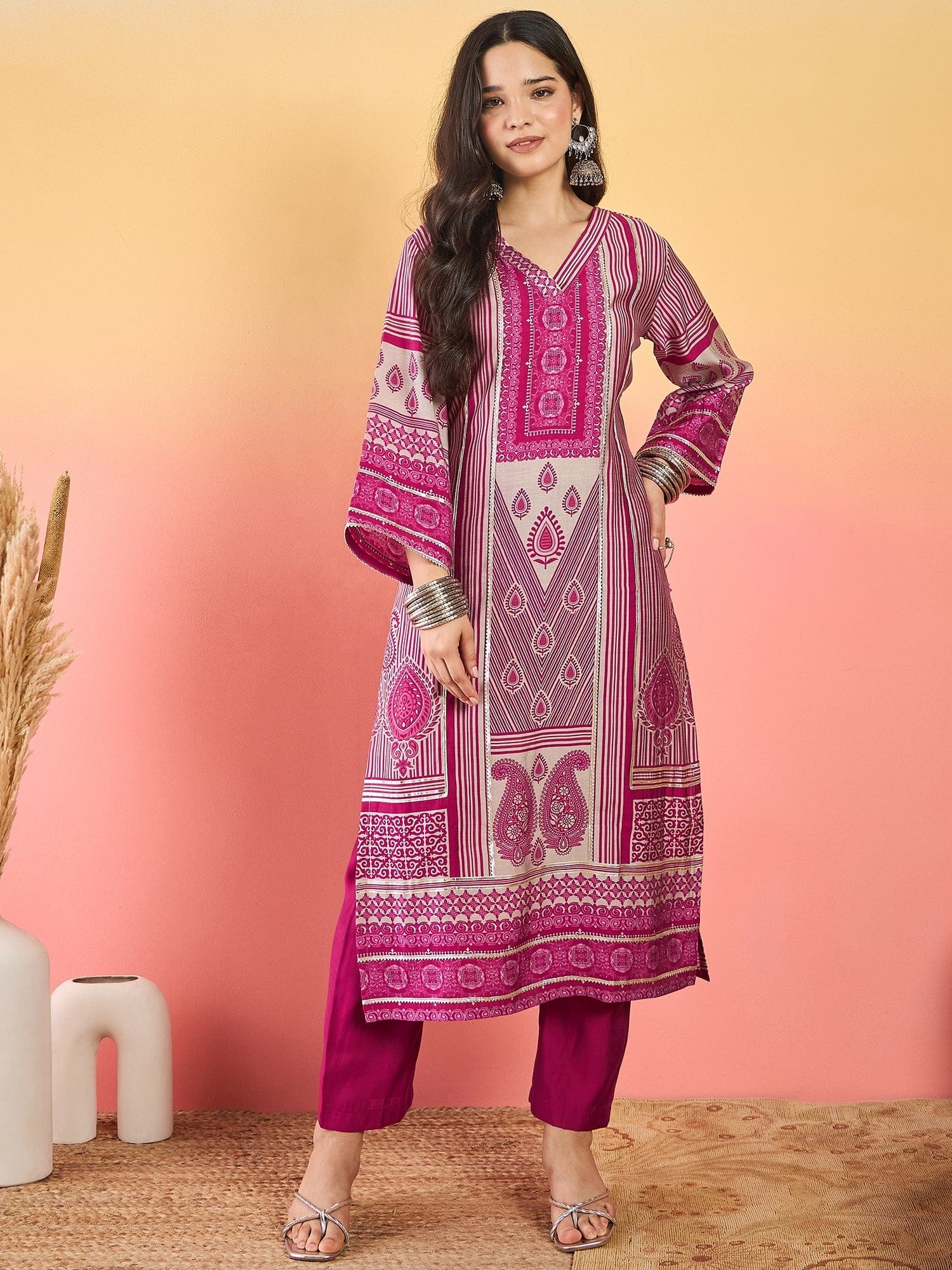 Varanga Fuchsia Striped-Printed Straight-Fit Kurta With A V-Neck And Three-Quarter Sleeves, Paired With Trousers .