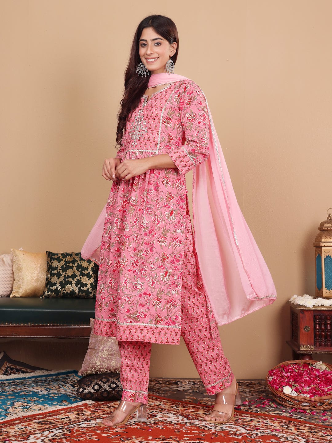 Varanga Women Plus Size Pink Floral Printed Gotta Patti Pure Cotton Kurta with Trousers & Dupatta