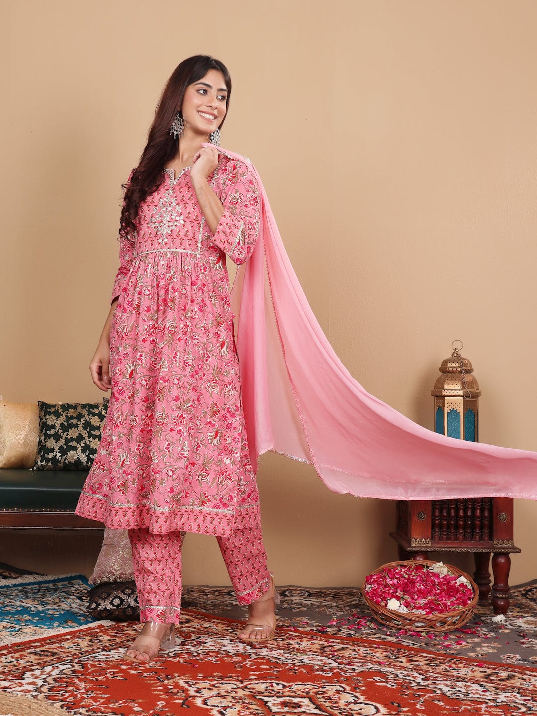 Varanga Women Plus Size Pink Floral Printed Gotta Patti Pure Cotton Kurta with Trousers & Dupatta