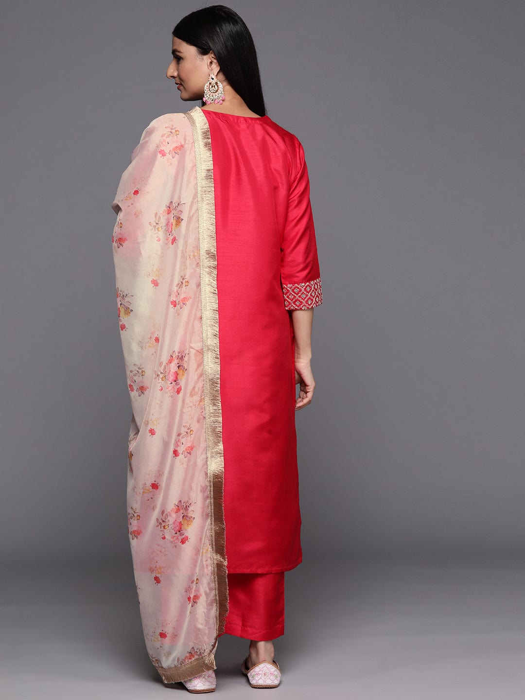 varanga pink embroidered kurta paired with tonal straight bottom and contrast dupatta