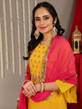 Varanga Yellow Embroidered Straight Kurta Paired With Tonal Bottom And Contrast Dupatta