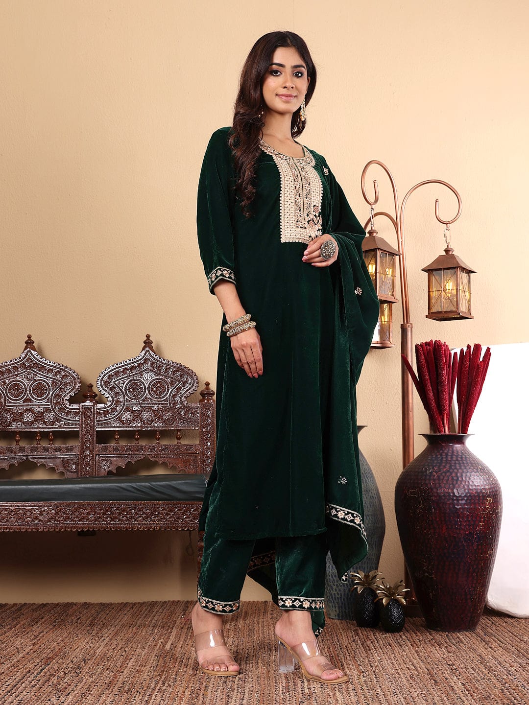 varanga women mustard yellow ethnic motifs embroidered kurta with trousers dupatta 1