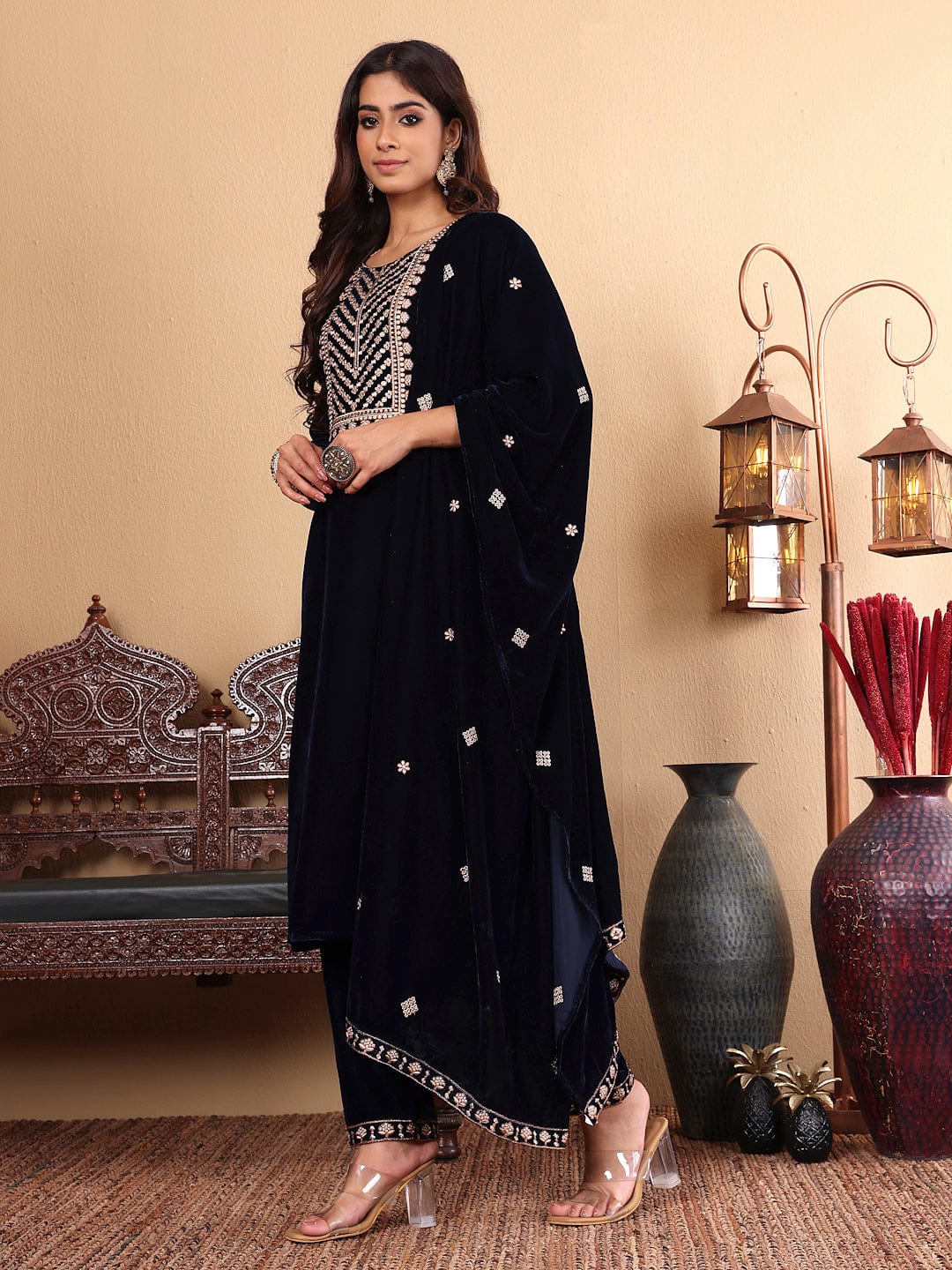 Varanga Navy Blue Velvet Embroidered Kurta Paired With Embroidered Trouser And Dupatta
