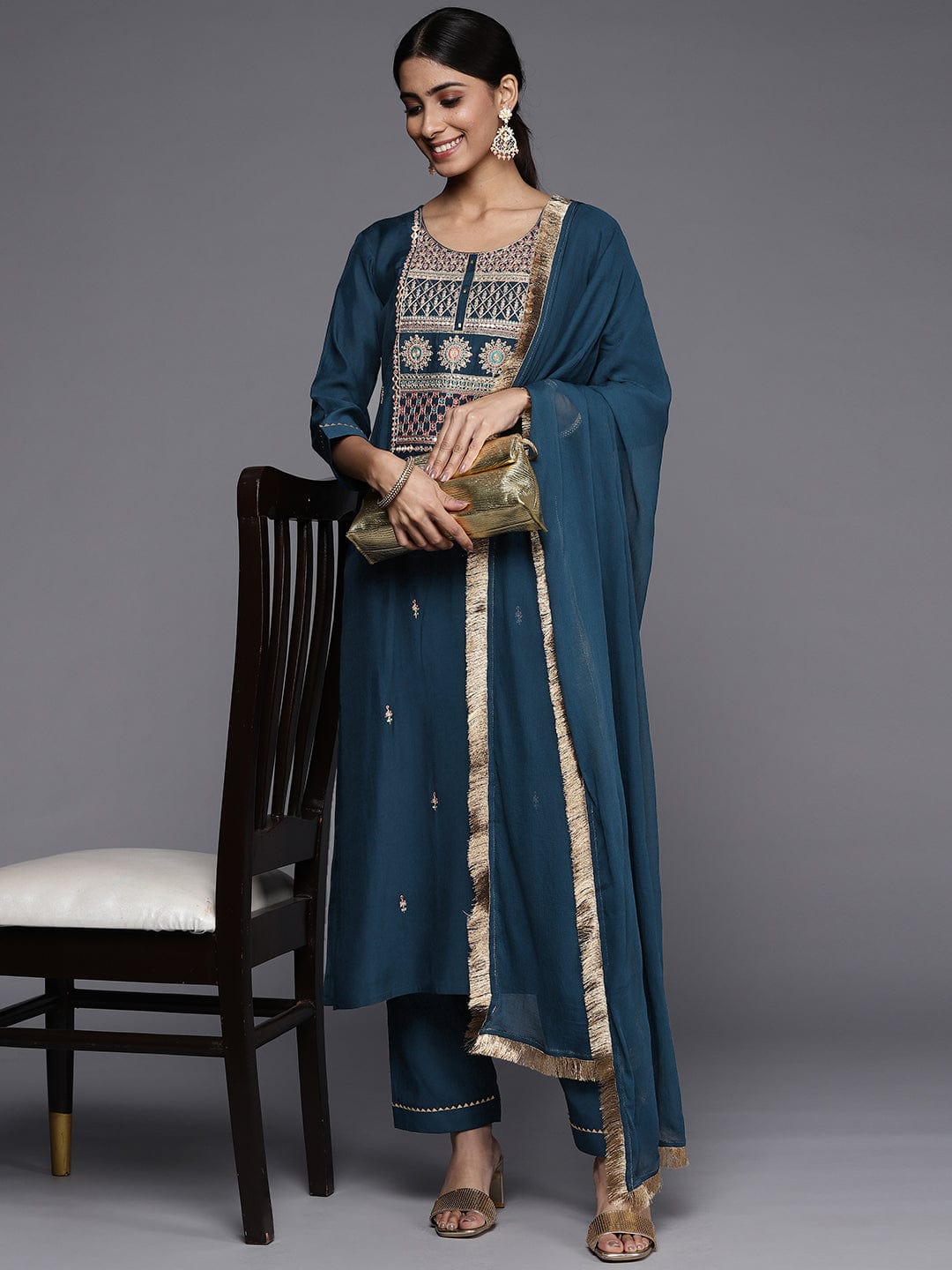 Varanga Blue Embroidered Kurta Paired With Tonal Bottom And Plain Dupatta