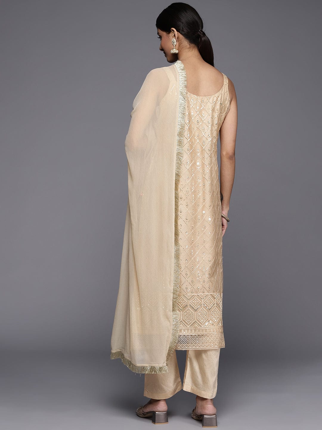Varanga Cream Net Embroidered Kurta Paired With Tonal Bottom And Dupatta