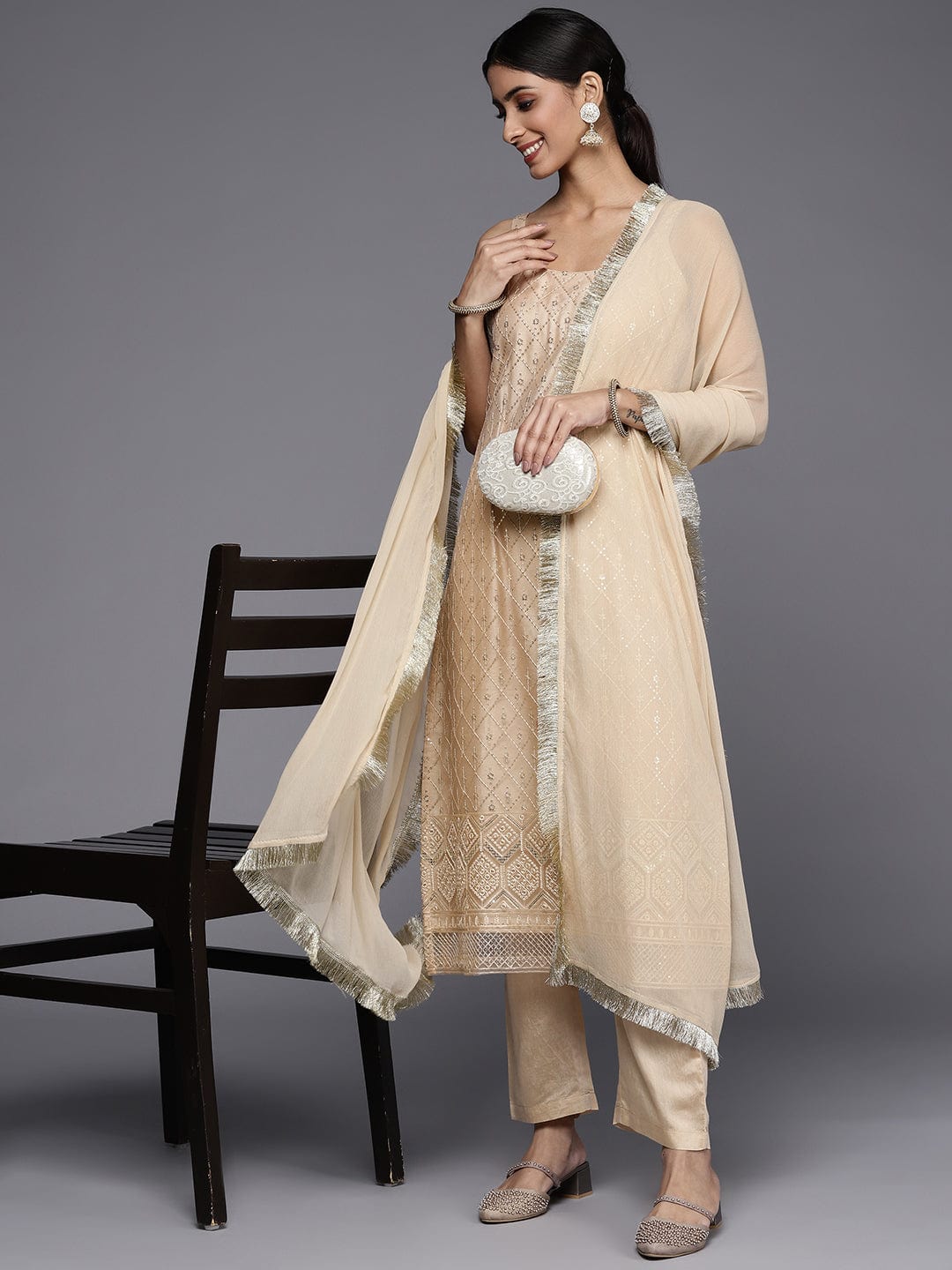 Varanga Cream Net Embroidered Kurta Paired With Tonal Bottom And Dupatta