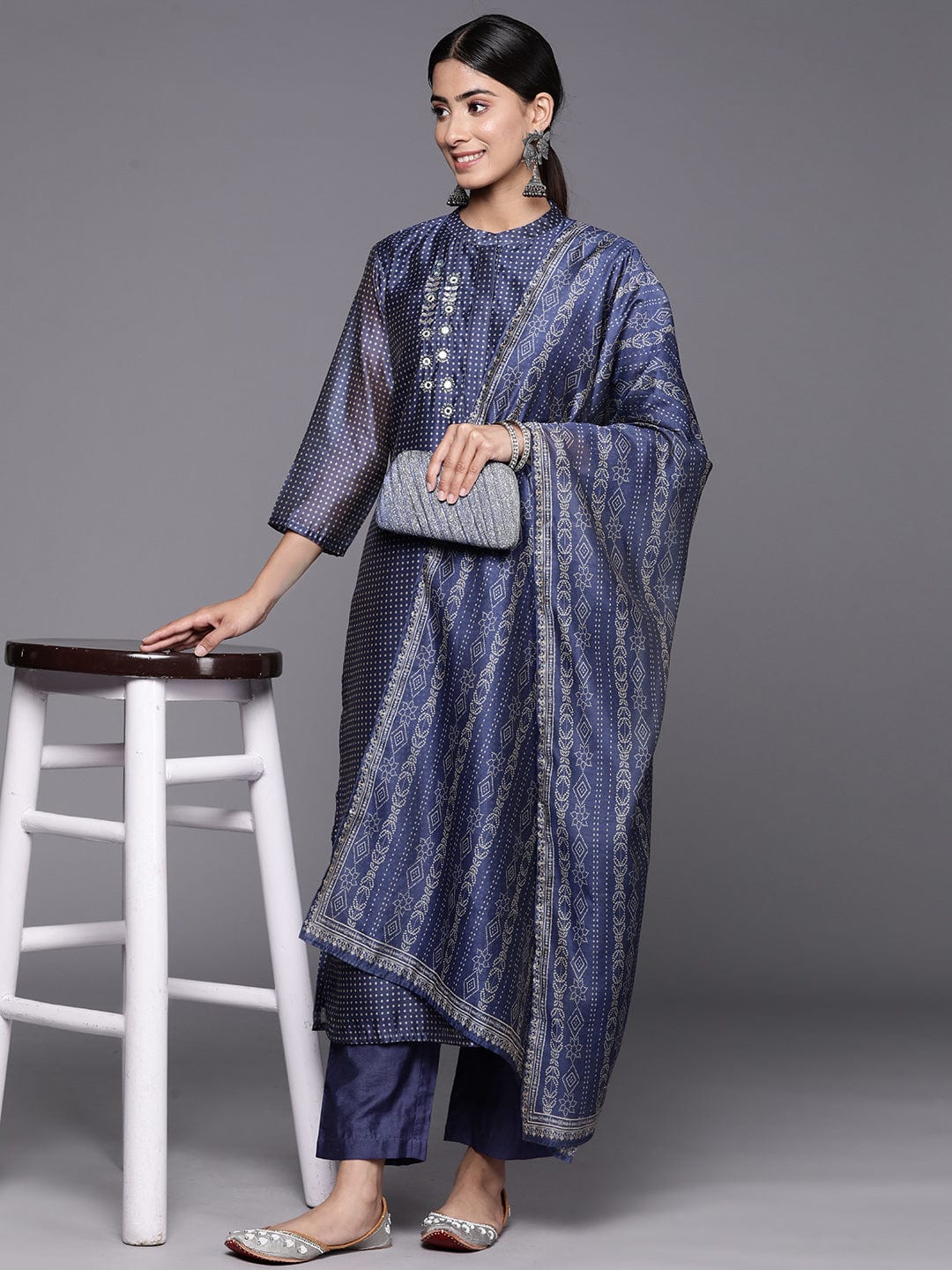Varanga Women Navy Blue Bandhani Printed Straight Kurta With Three Quarter Sleeves Paired With Tonal Bottom And Printed Dupatta