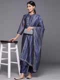 Varanga Women Navy Blue Bandhani Printed Straight Kurta With Three Quarter Sleeves Paired With Tonal Bottom And Printed Dupatta