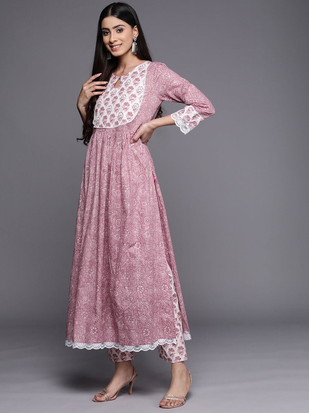 Varanga Women Mauve Printed A-Line Kurta Paired With Contrast Printed Bottom And Dupatta