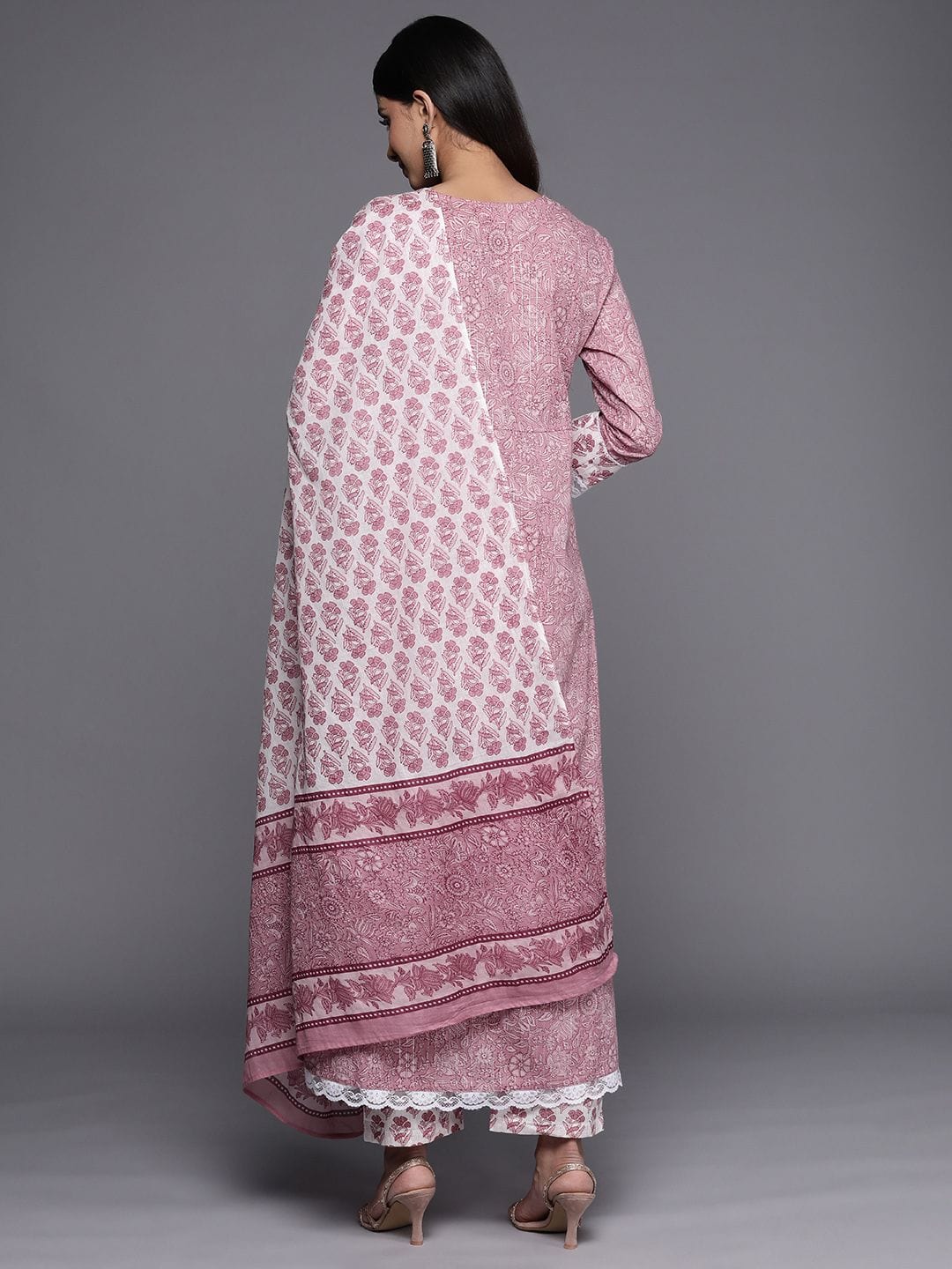 Varanga Women Mauve Printed A-Line Kurta Paired With Contrast Printed Bottom And Dupatta