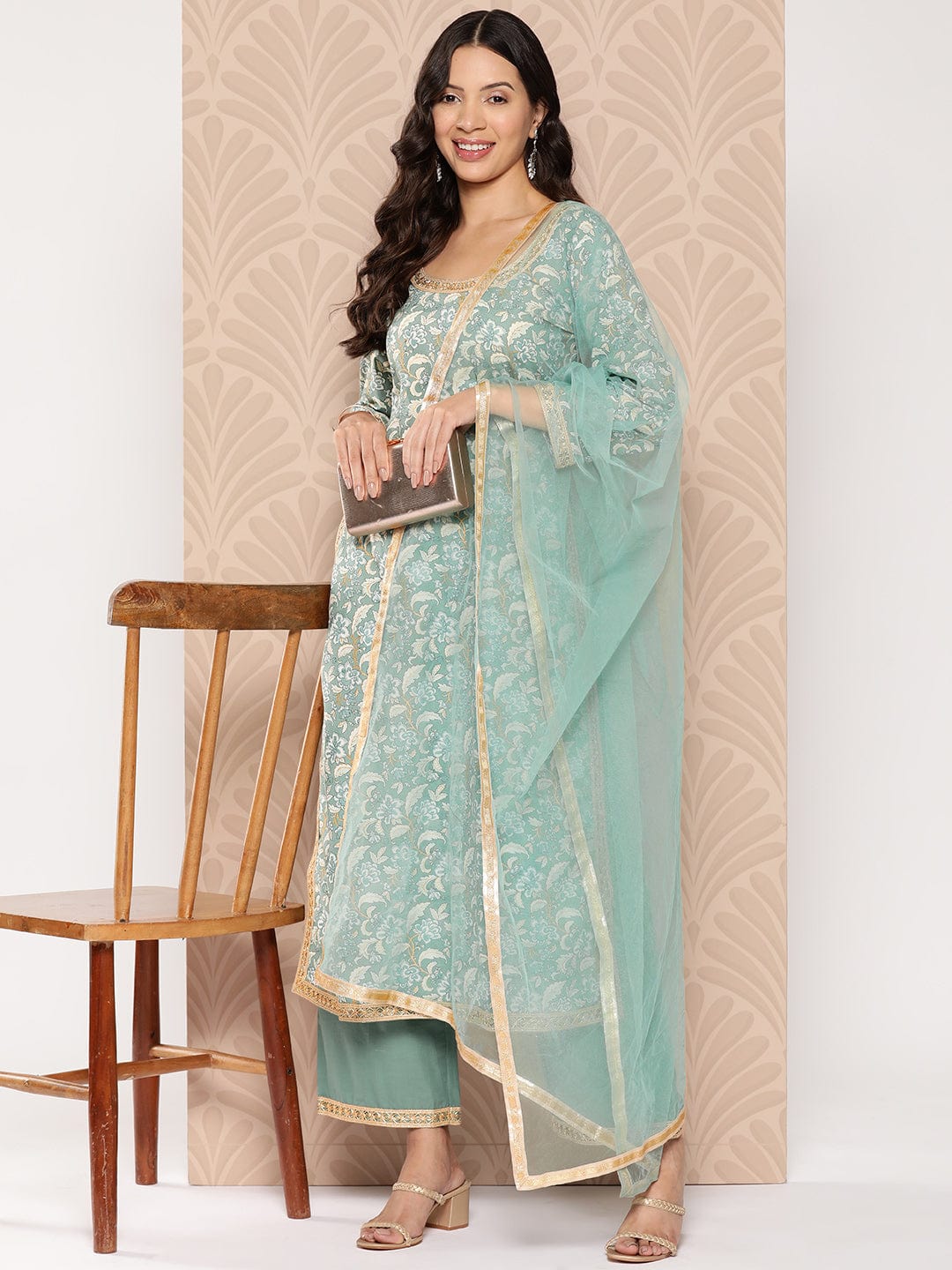 Varanga Women Printed Straight Kurta Paired With Tonal Solid Bottom And Solid Dupatta