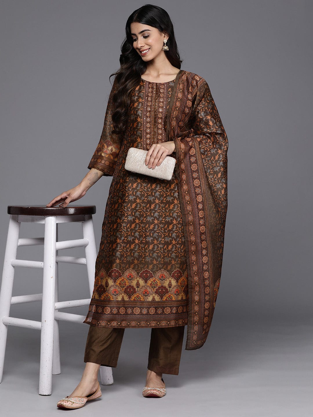 Varanga Women Brown Ethnic Motif Placket Embroidered Straight Kurta Paired With Tonal Solid Bottom And Printed Dupatta
