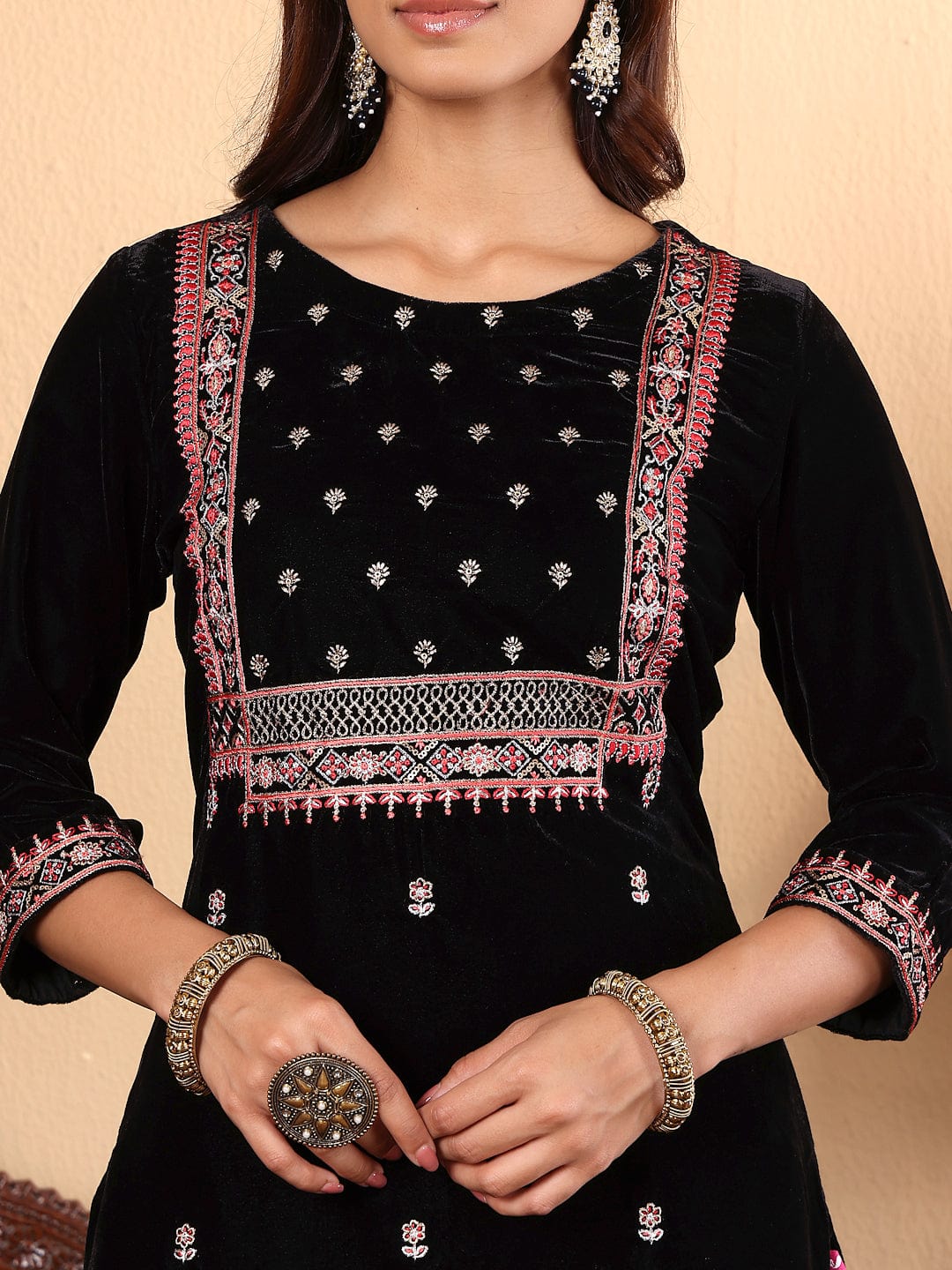 Varanga Floral Embroidered Zari Velvet Kurta with Trousers & Dupatta