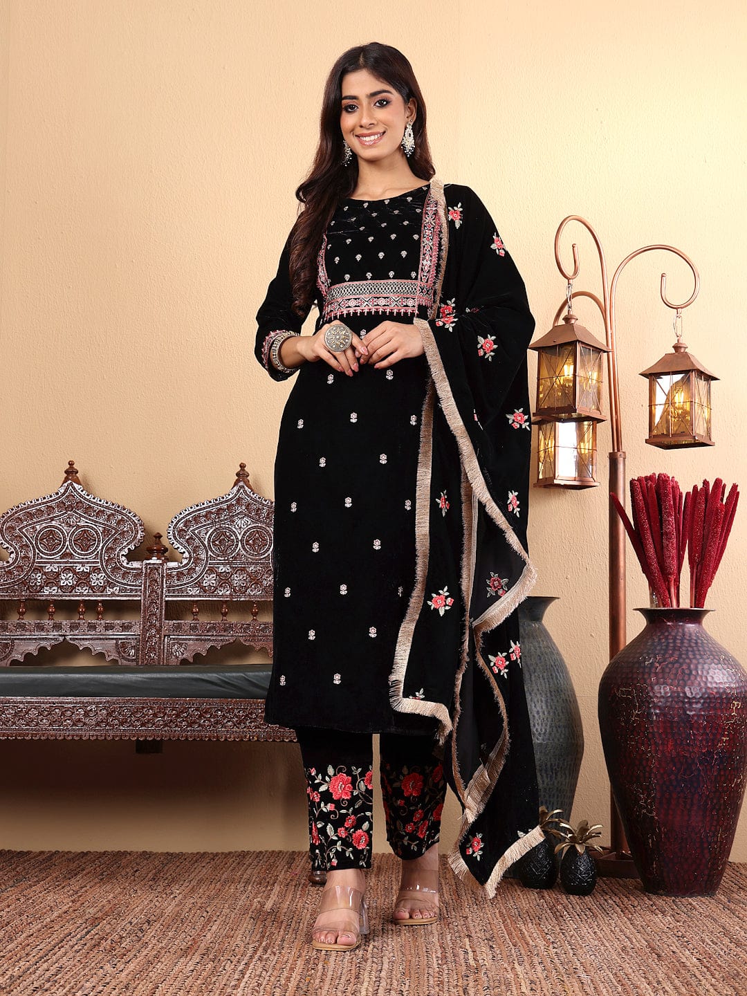 Varanga Floral Embroidered Zari Velvet Kurta with Trousers & Dupatta
