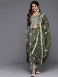 Varanga Women Olive Embroidered Kurta Paired With Tonal Trouser And Dupatta