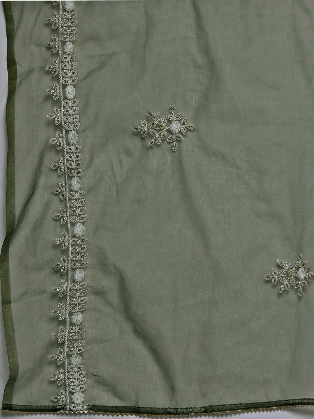 Varanga Women Olive Embroidered Kurta Paired With Tonal Trouser And Dupatta