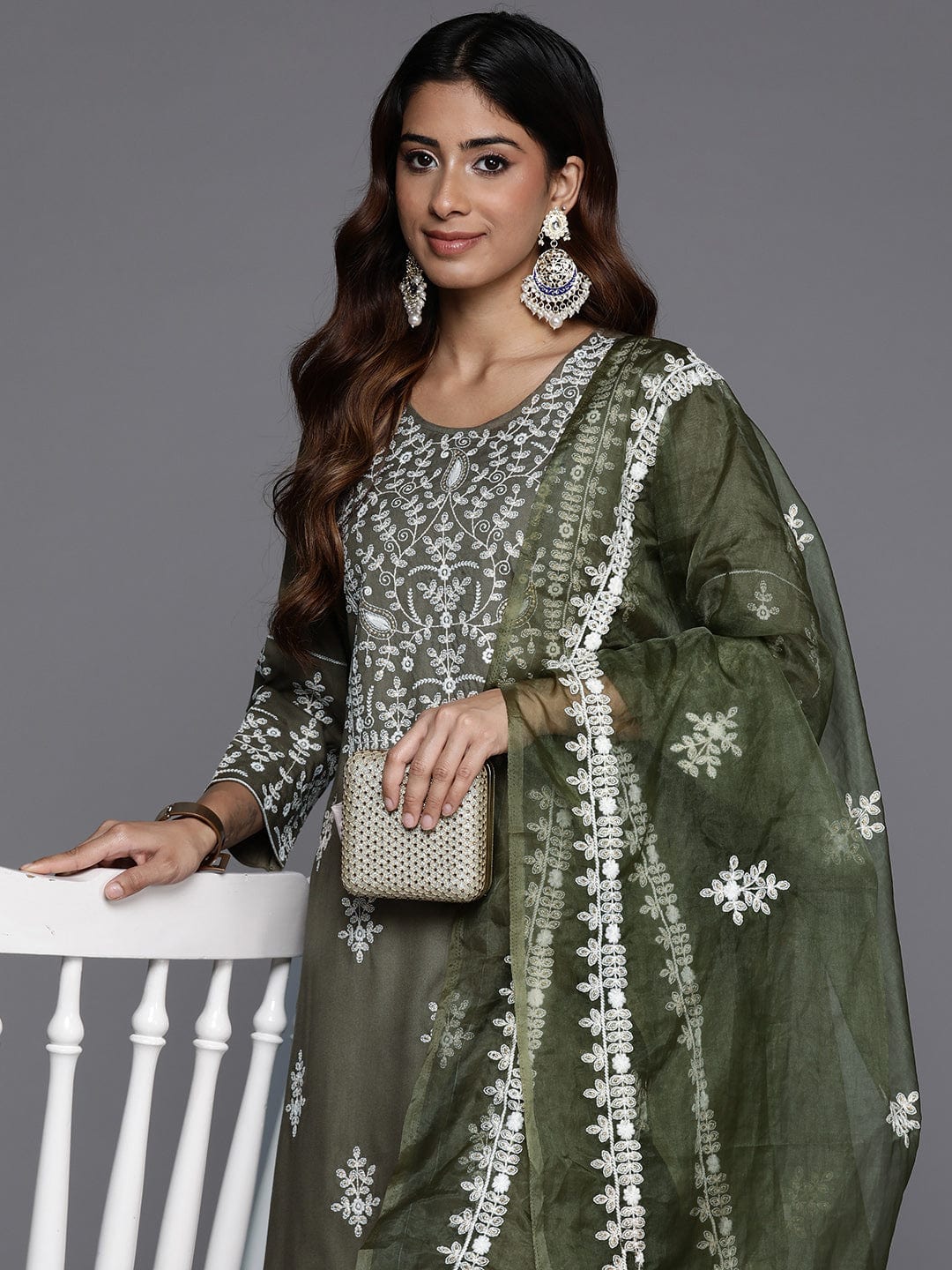 Varanga Women Olive Embroidered Kurta Paired With Tonal Trouser And Dupatta