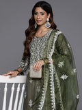 Varanga Women Olive Embroidered Kurta Paired With Tonal Trouser And Dupatta