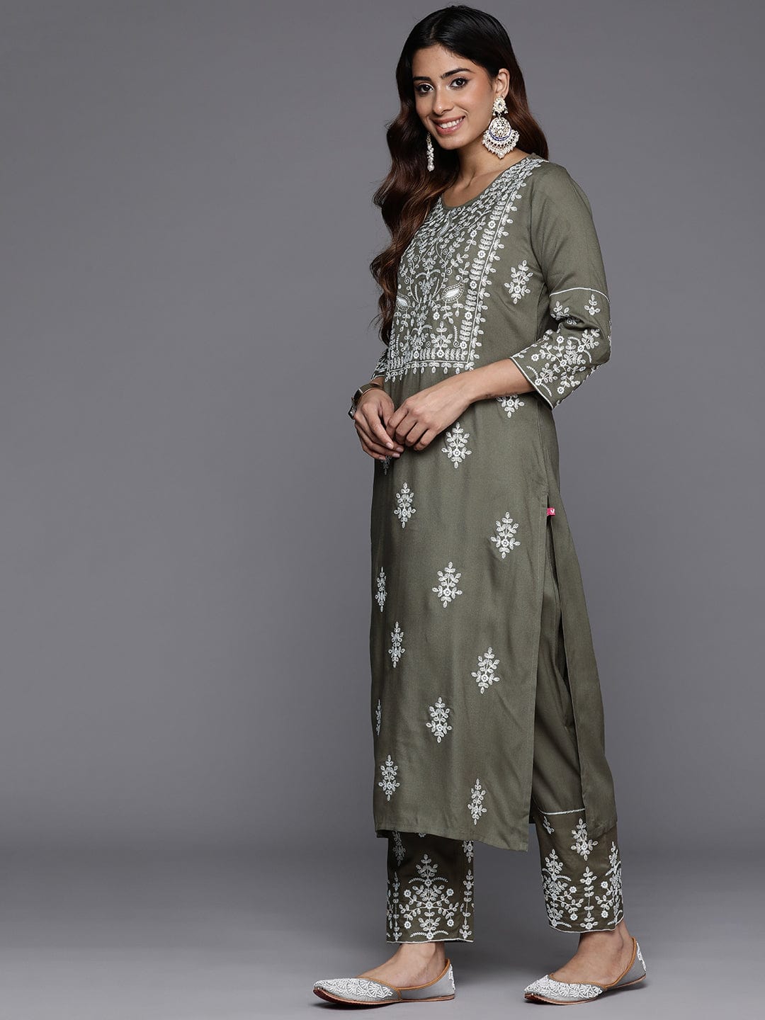 Varanga Women Olive Embroidered Kurta Paired With Tonal Trouser And Dupatta