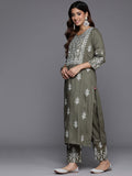 Varanga Women Olive Embroidered Kurta Paired With Tonal Trouser And Dupatta