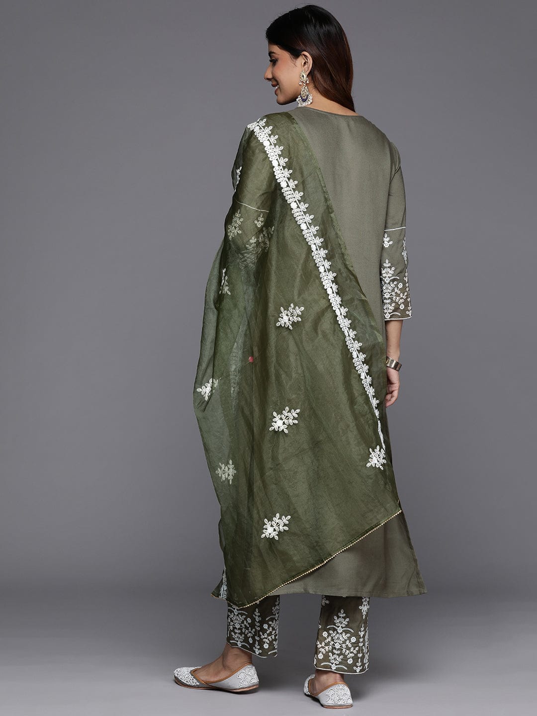 Varanga Women Olive Embroidered Kurta Paired With Tonal Trouser And Dupatta