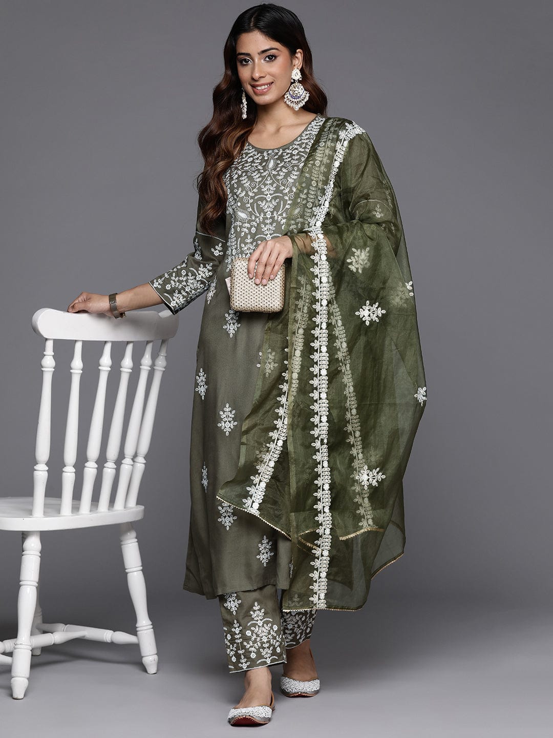Varanga Women Olive Embroidered Kurta Paired With Tonal Trouser And Dupatta