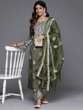 Varanga Women Olive Embroidered Kurta Paired With Tonal Trouser And Dupatta