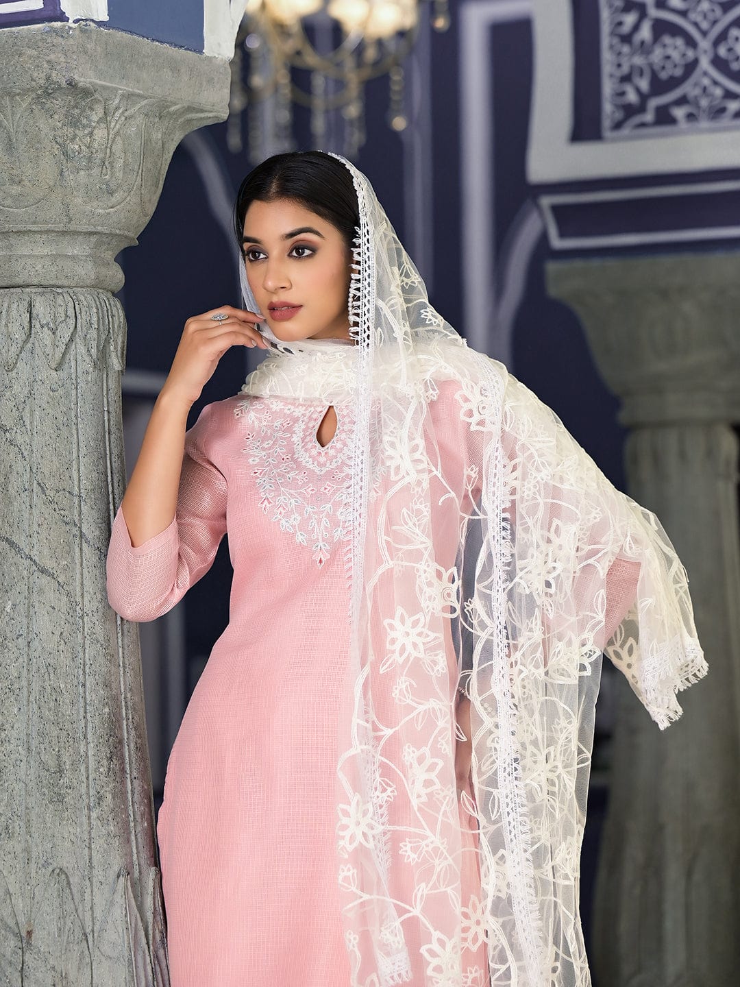 Varanga Women Pink Kota Check Thread Embroidered Kurta With Tonal Solid Bottom And Net Self Embroidered Dupatta