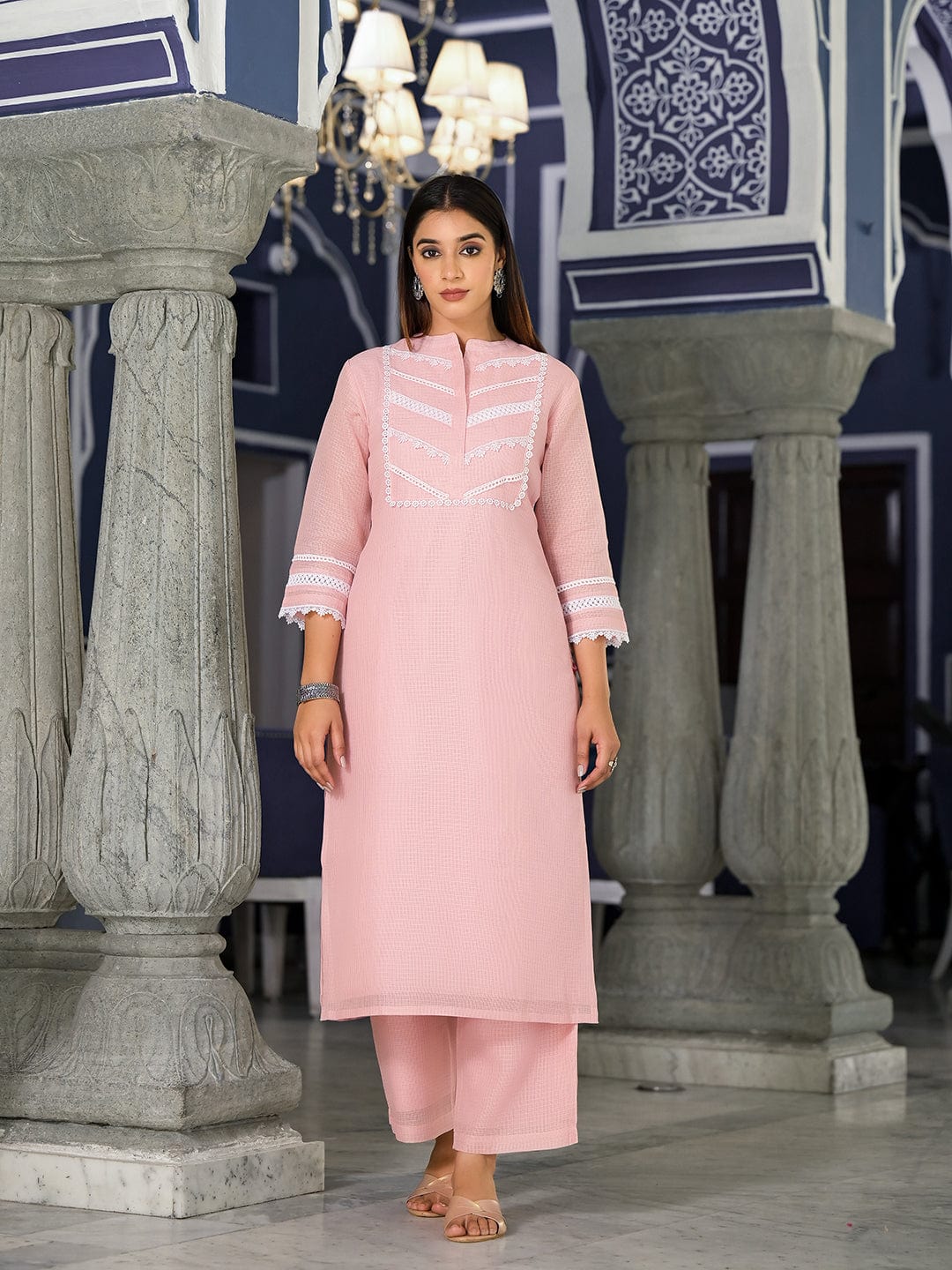 Varanga Women Pink Kota Check Cotton Lace Detailed Kurta Paired With Bottom And Dupatta
