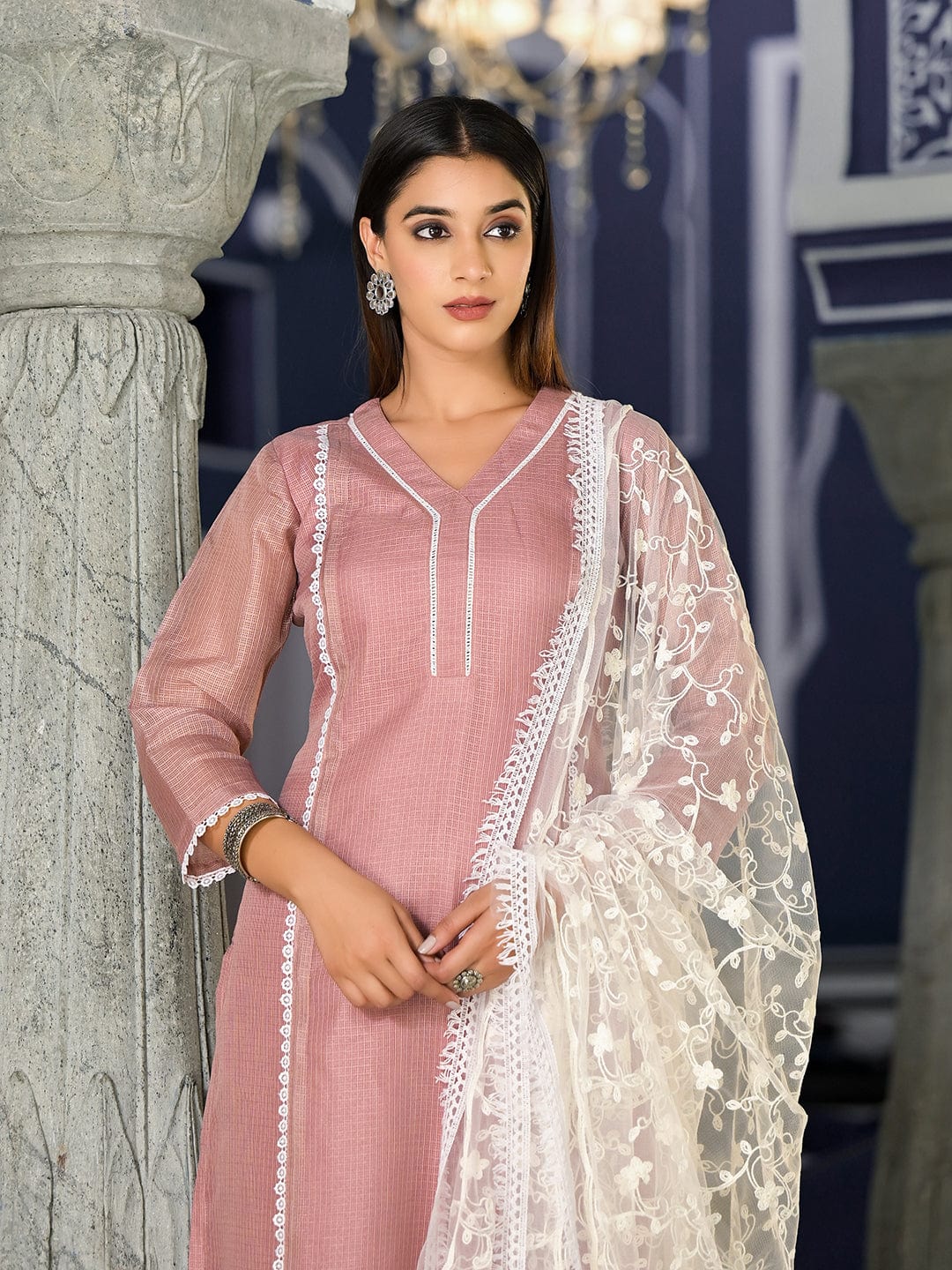 Varanga Women Mauve Kota Check Cotton Lace Kurta With Bottom And Dupatta